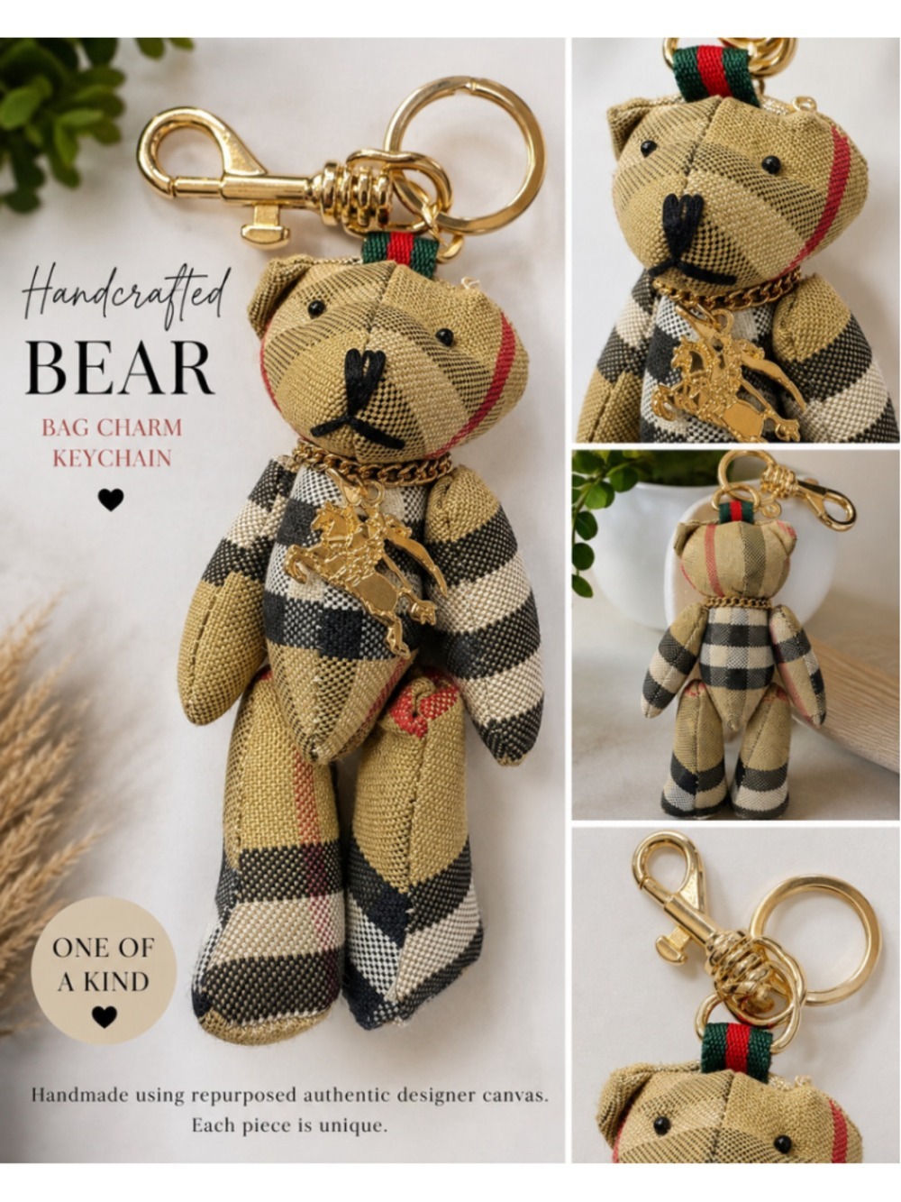 Handcrafted Plaid Canvas Teddy Bear Bag Charm Keychain